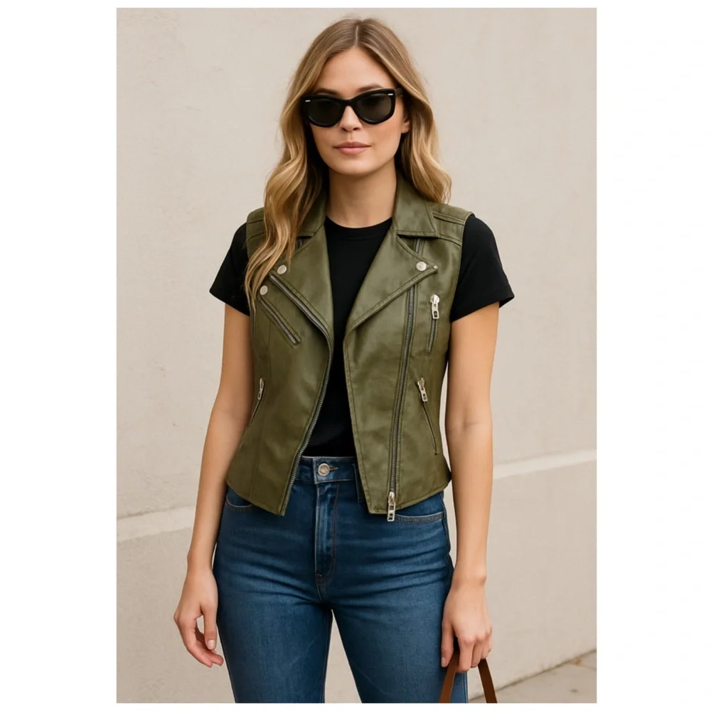 Anine Bing Olive Green Lamb Leather Moto Vest Sleeveless XS
